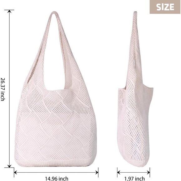 Women's Beige 4 Crochet Bag Cute Mesh Summer Knitted Shoulder Beach Tote Bag - Picture 2 of 7
